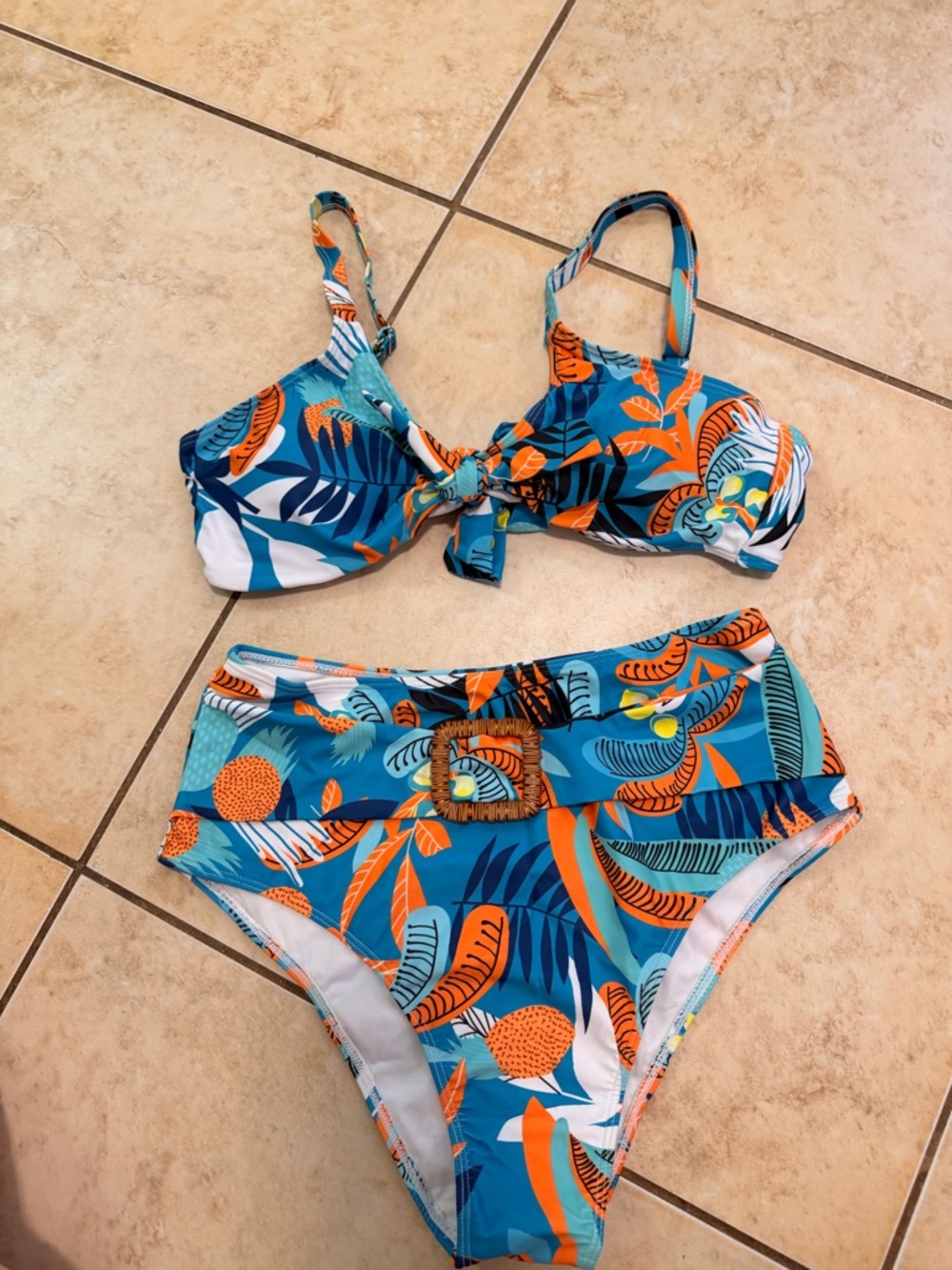 SHEIN Teal & Orange Tropical Print High-Waist Bikini